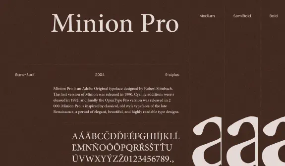 Presentation of the 'Minion Pro' font used in graphic design and samples