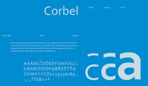 A 'Corbel' betűtípus bemutatása, amely a web dizajnban és mintákban használtunk