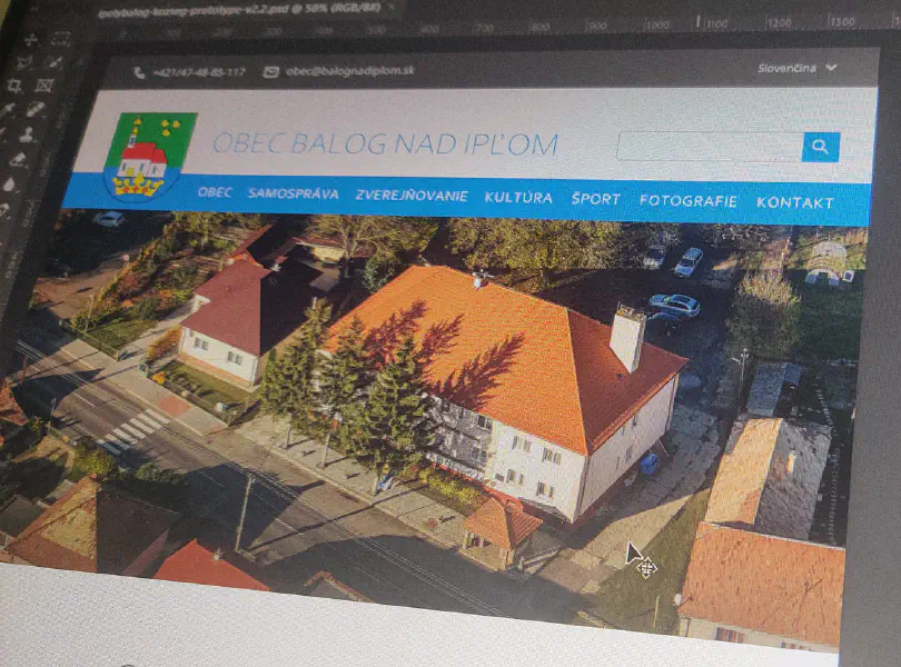 Pohľad na fázu dizajnu webstránky Obec Balog nad Ipľo v programe Adobe Photoshop